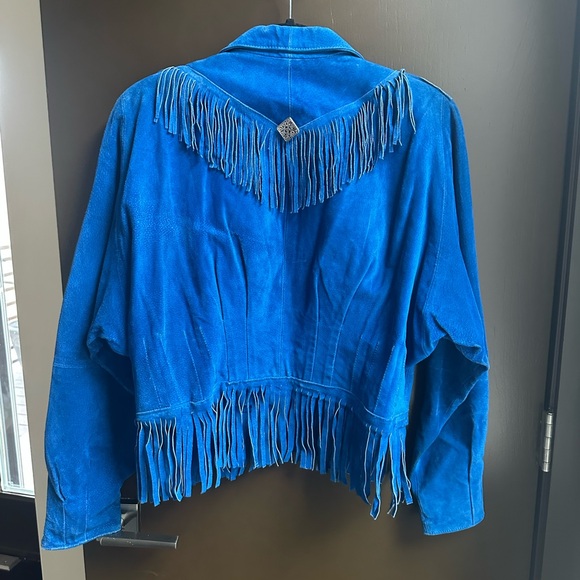 Vintage Blue Suede Fringe Cropped Jacket Western Boho Cowgirl M - Picture 2 of 9